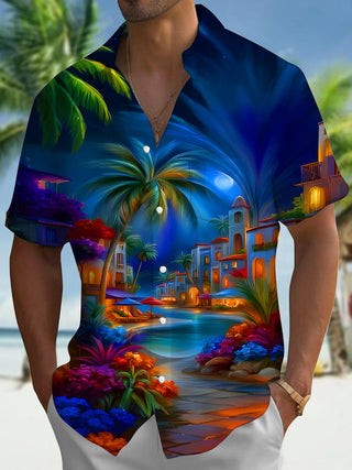 Men's Dark Night Art Coconut Trees Moon Houses Print Short Sleeve Shirt Front View