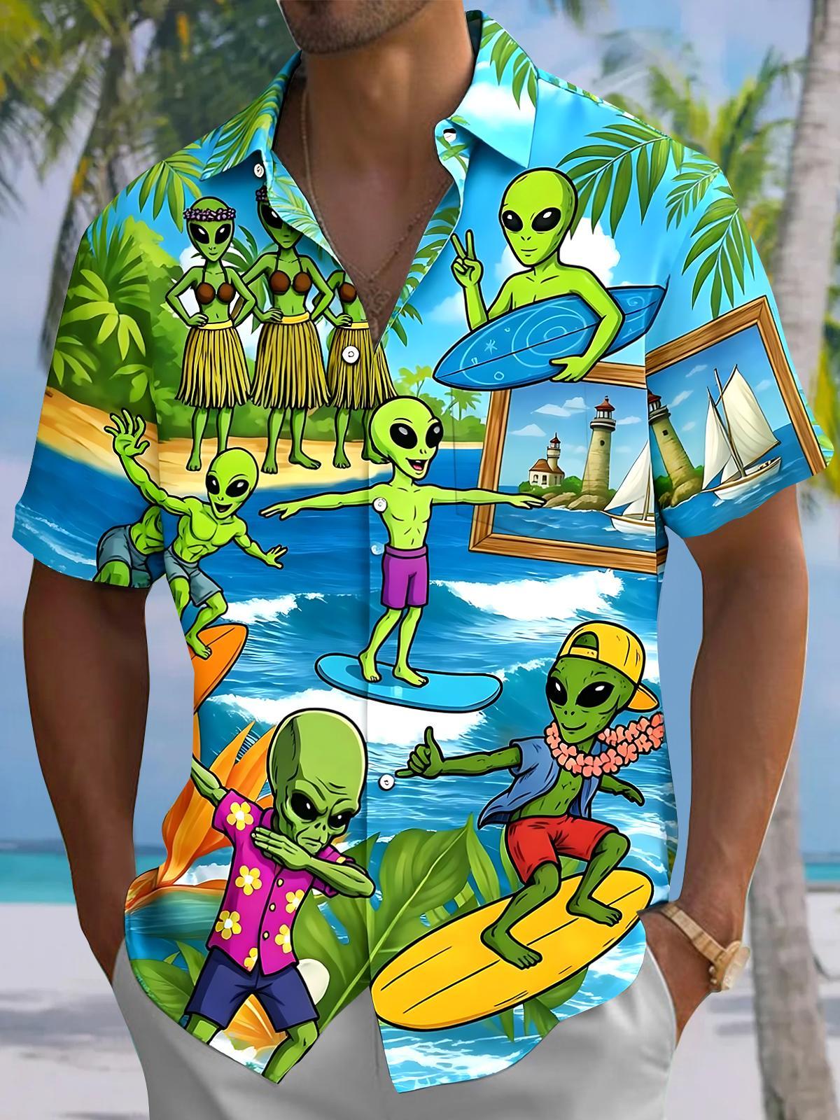 Hawaiian Alien Surfing Men's Pocket Short Sleeve Shirts