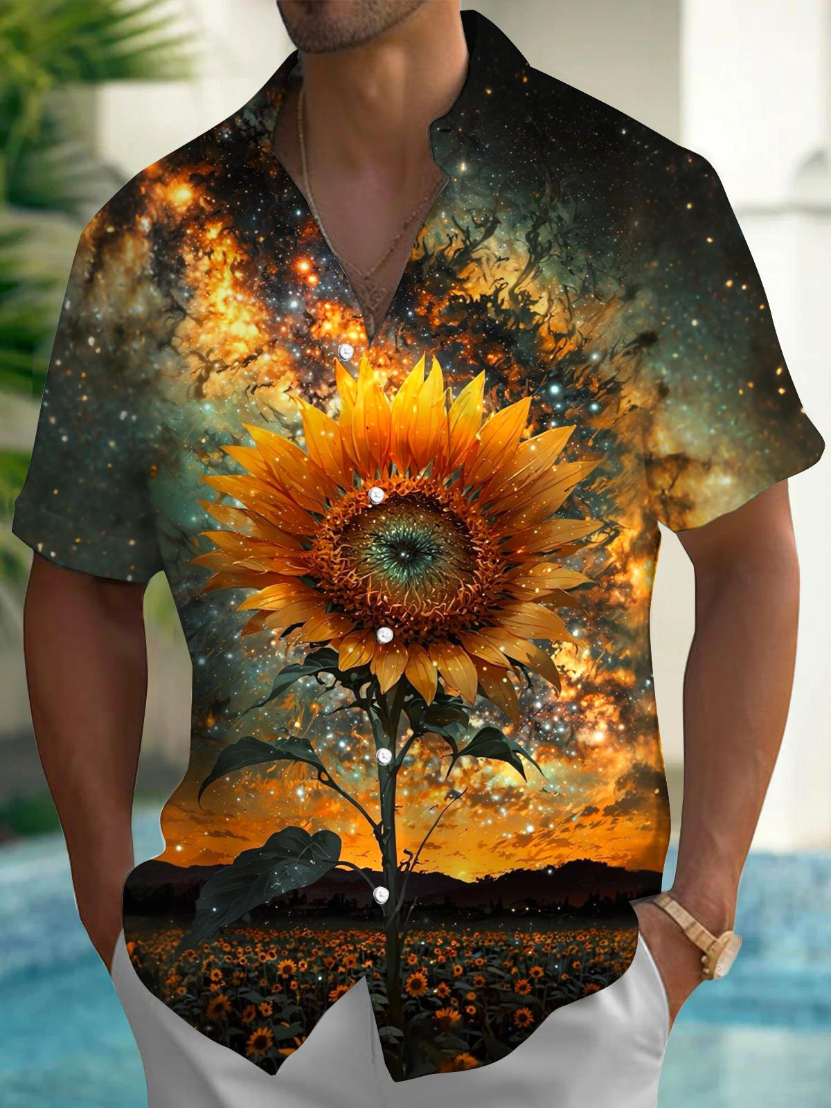 Sunflower Starry Sky Print Men's Pocket Short Sleeve Shirts