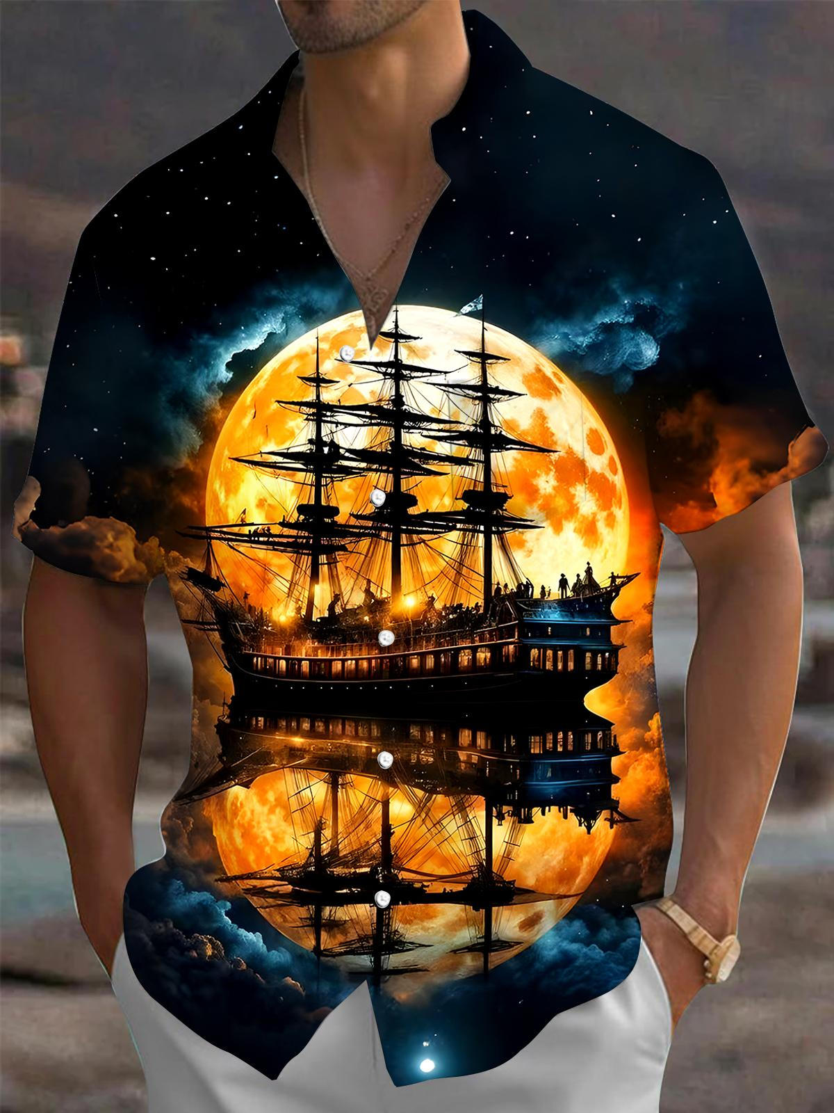 Boat Moon Men's Pocket Short Sleeve Shirts