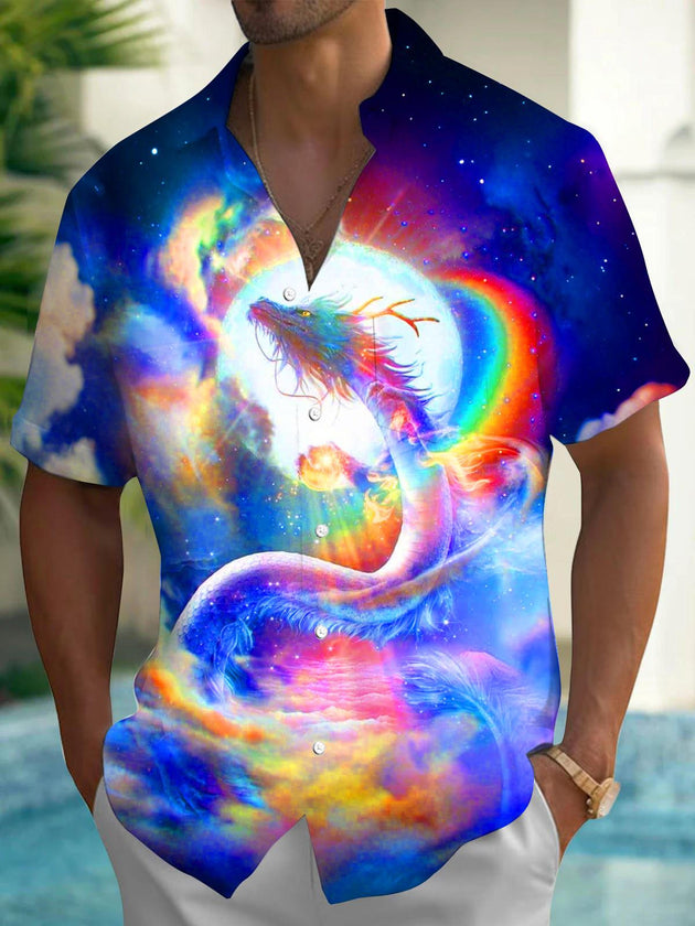 Men's black dragon print short sleeve shirt front view