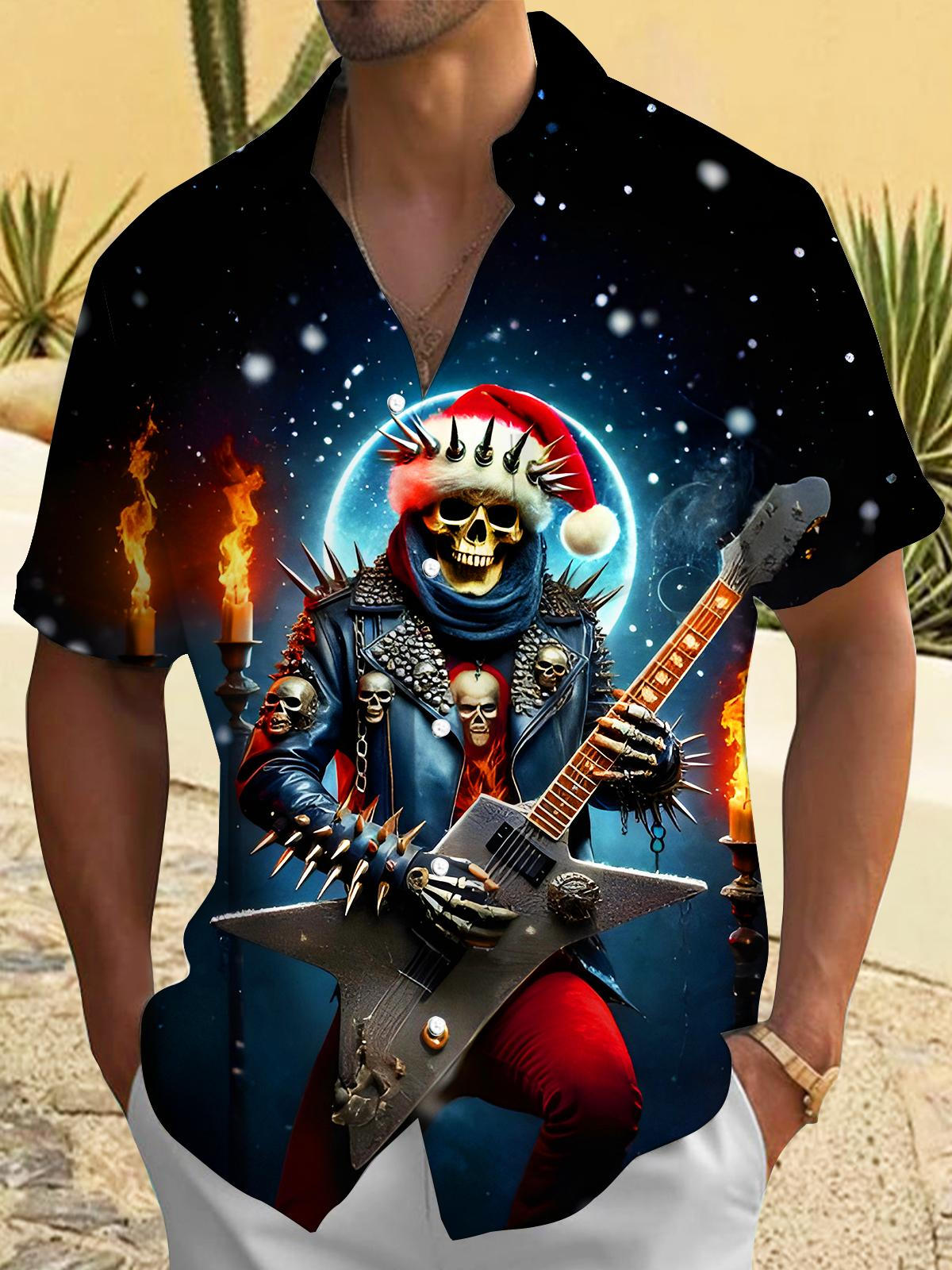 Fun Christmas Skull Guitar Rock Music Men's Pocket Short Sleeve Shirts