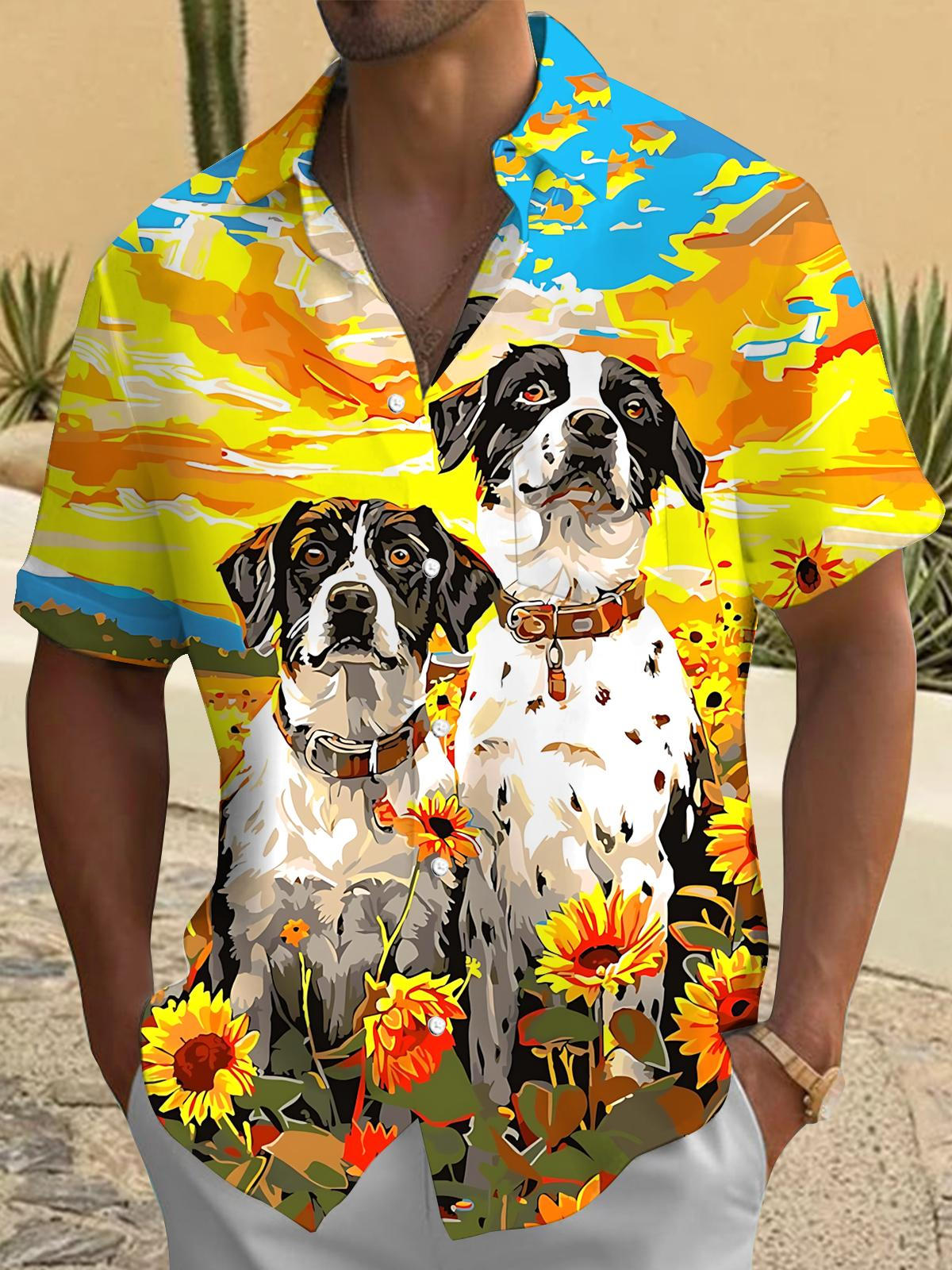 Dog Sunflower Oil Painting Art Print Men's Pocket Short Sleeve Shirts