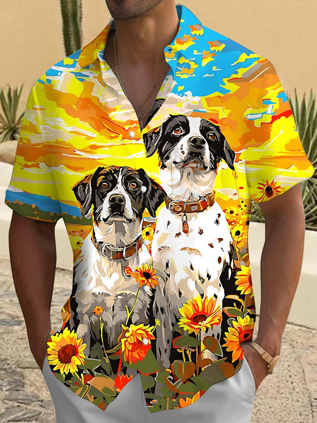 Men's Dog Sunflower Oil Painting Art Print Short Sleeve Shirt Front View