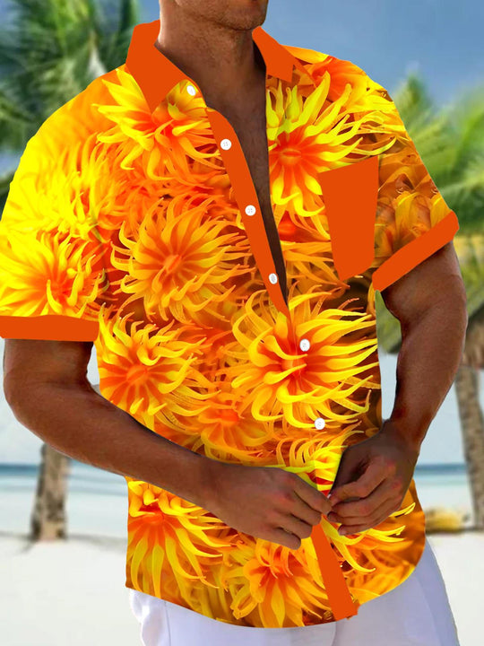 Men's blue floral short sleeve Hawaiian shirt back view