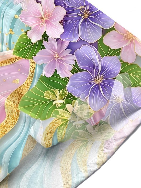 Art Gold Foil Gradient Purple Floral Hawaiian Men's Pocket Short Sleeve Shirts