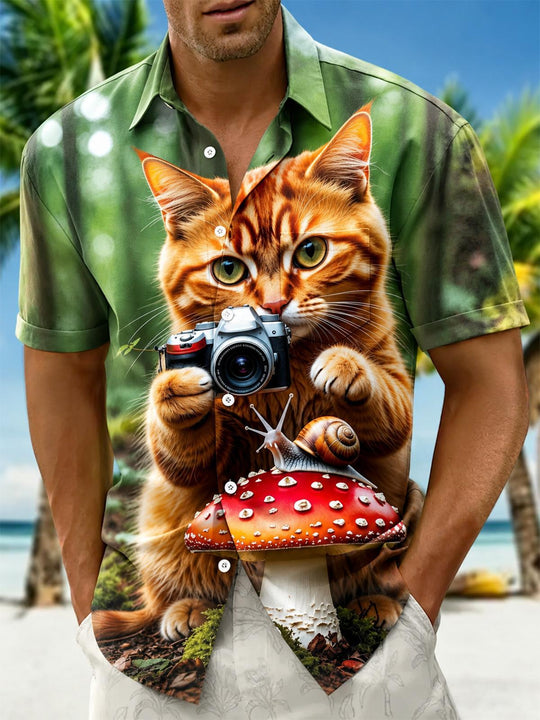 Fun Ginger Cat Camera Mushroom Snail Forest Men's Pocket Short Sleeve Shirts