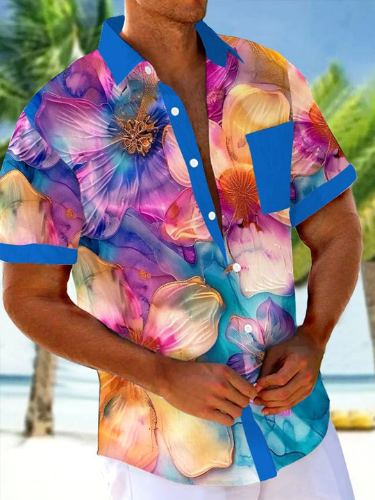 Men's floral short sleeve Hawaiian shirt front view for tropical beach vacation