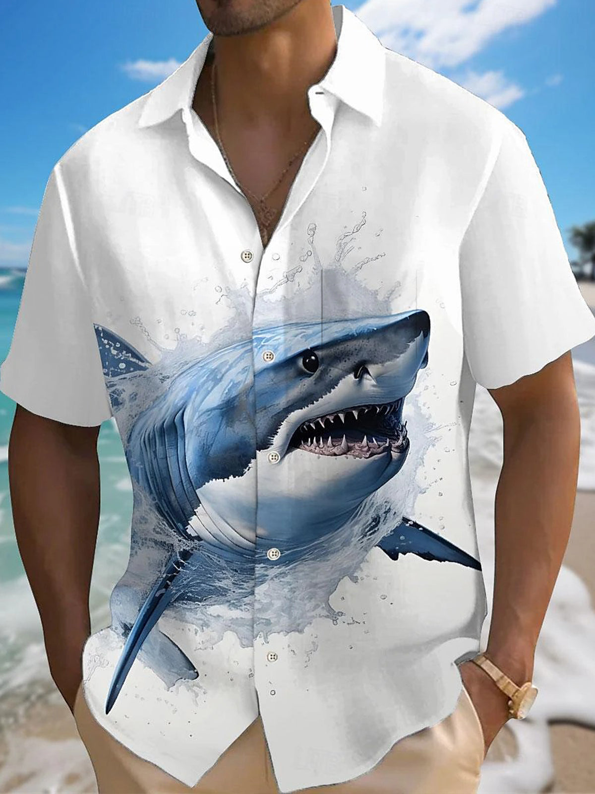 Shark Print Men's Pocket Short Sleeve Shirts