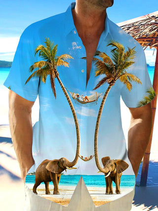 Men's fun Hawaiian elephant pocket short sleeve shirt front view for beach vacation