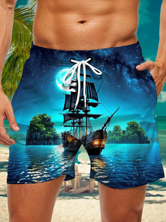 Men's Hawaiian print casual shorts front view for tropical beach vacation