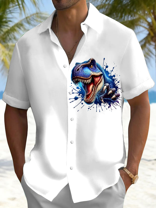 Men's dinosaur print pocket short sleeve shirt front view