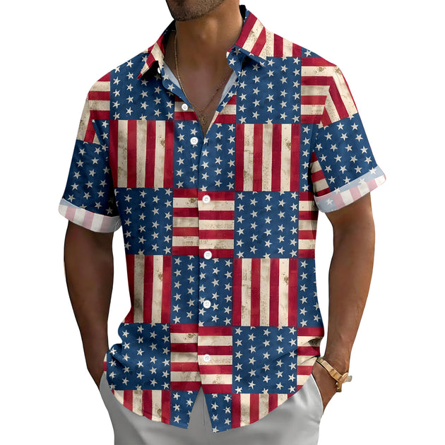 Patriotic Button Down Shirts for Men US Flag Short Sleeve Stars and Stripes Shirts Fashion Tops for Travel noble