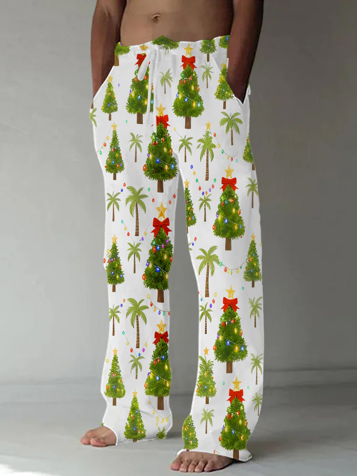 Christmas Tree Coconut Tree Fairy Lights Xmas Men's Casual Elastic Waist Pants