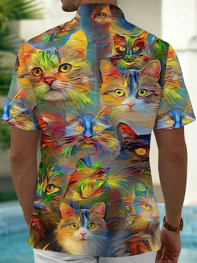 Men's cat print short sleeve shirt back view