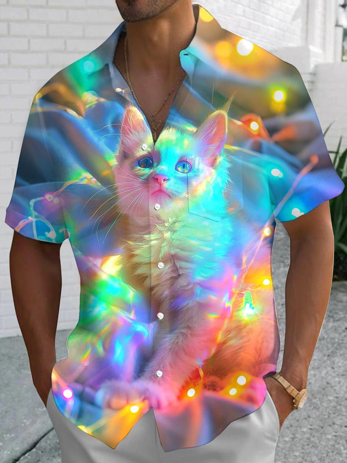 Cat Print Men's Pocket Short Sleeve Shirts