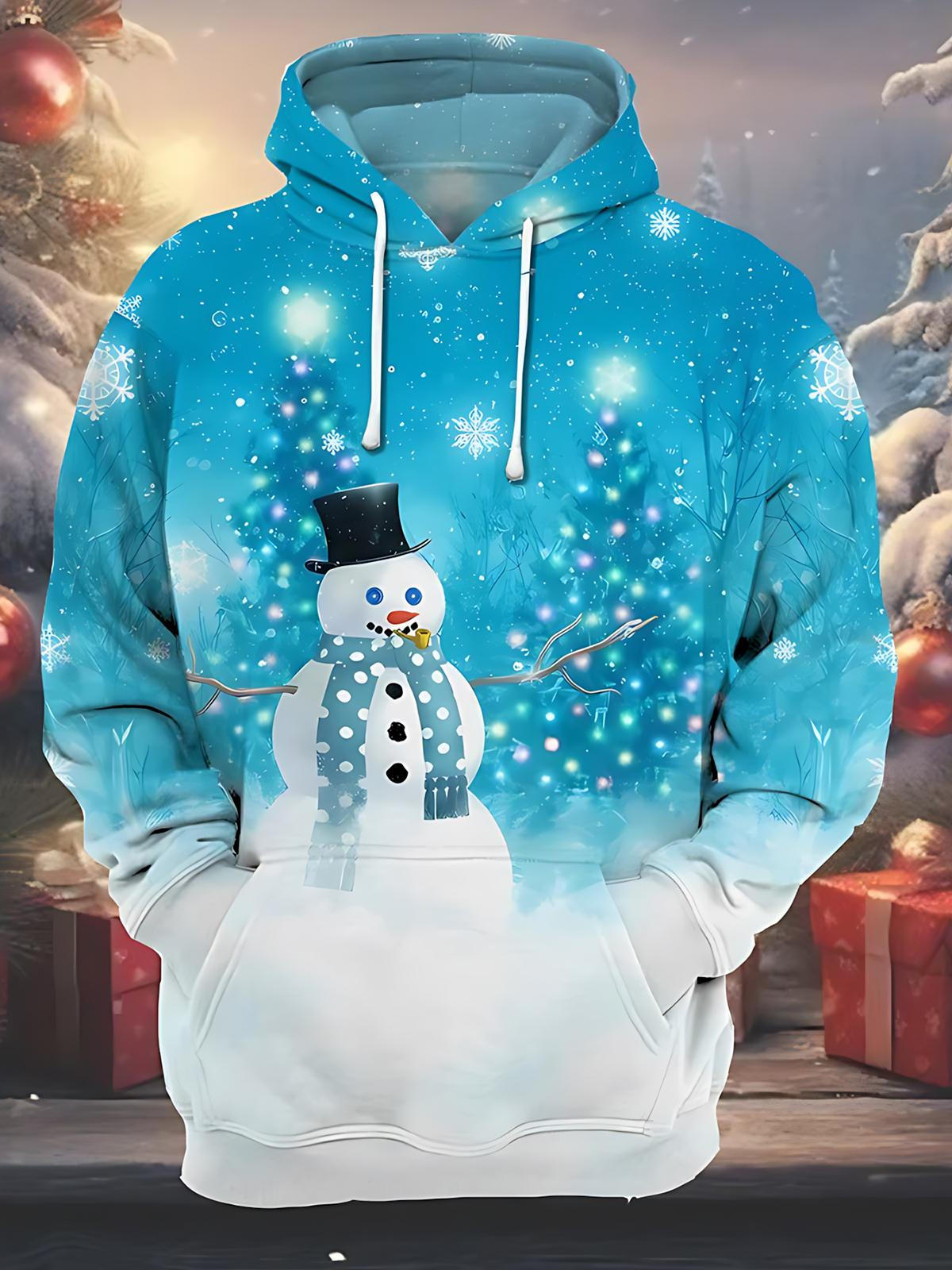 Christmas Snowman Print Men's Long Sleeve Pocket Hoodies