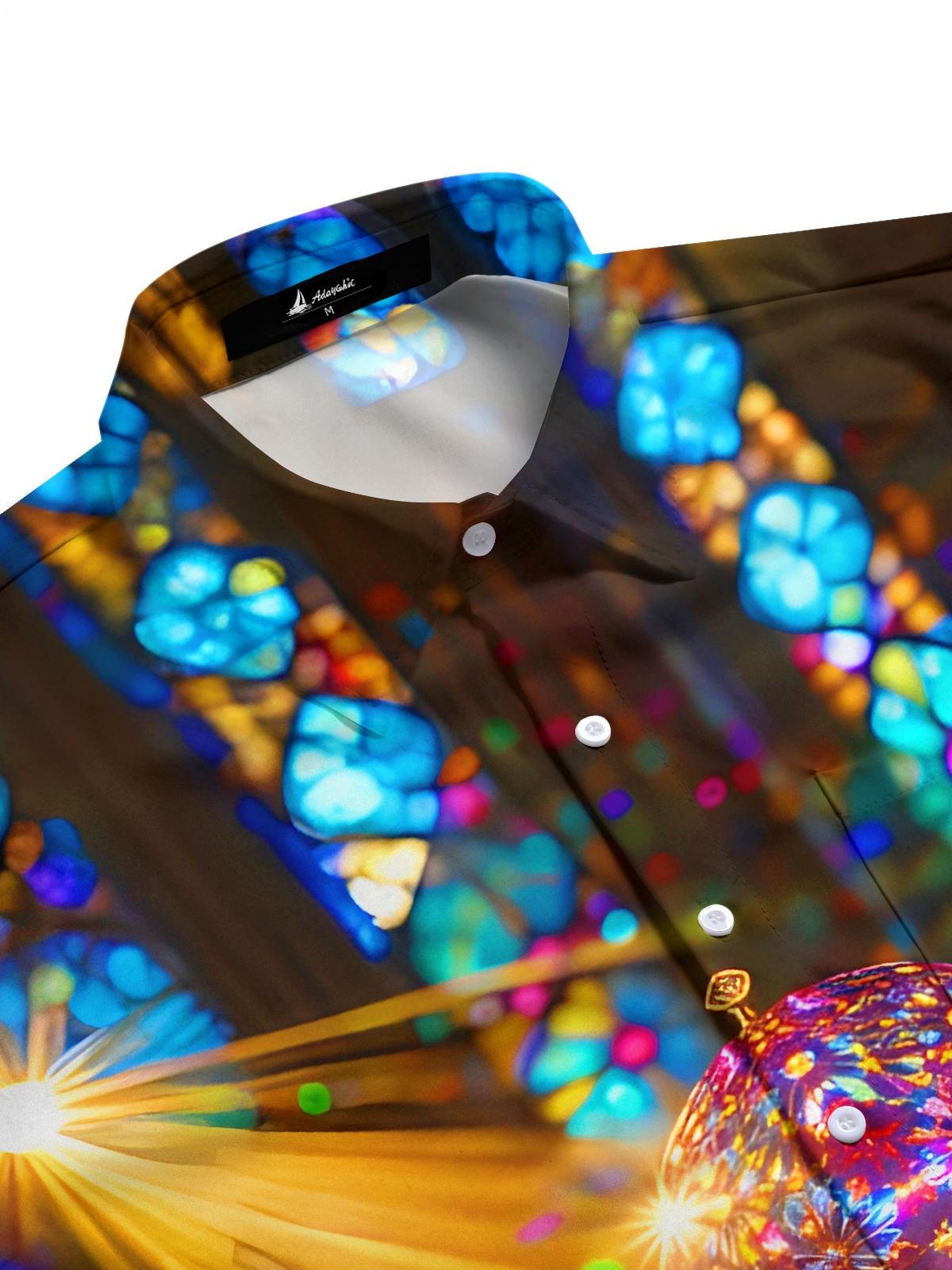 Stained Glass Church Windows Reflect Dazzling Light Shadow Crystal Ball Men's Pocket Short Sleeve Shirts