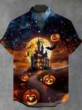 Halloween Castle Pumpkin Men's Pocket Short Sleeve Stand Collar Shirts