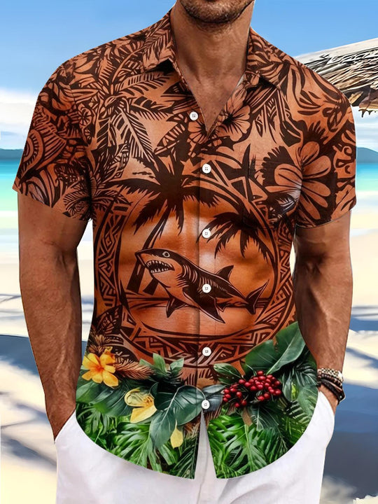 Hawaiian Ethnic Totem Tribal Shark Coconut Tree Tropical Flower Men's Pocket Short Sleeve Shirts