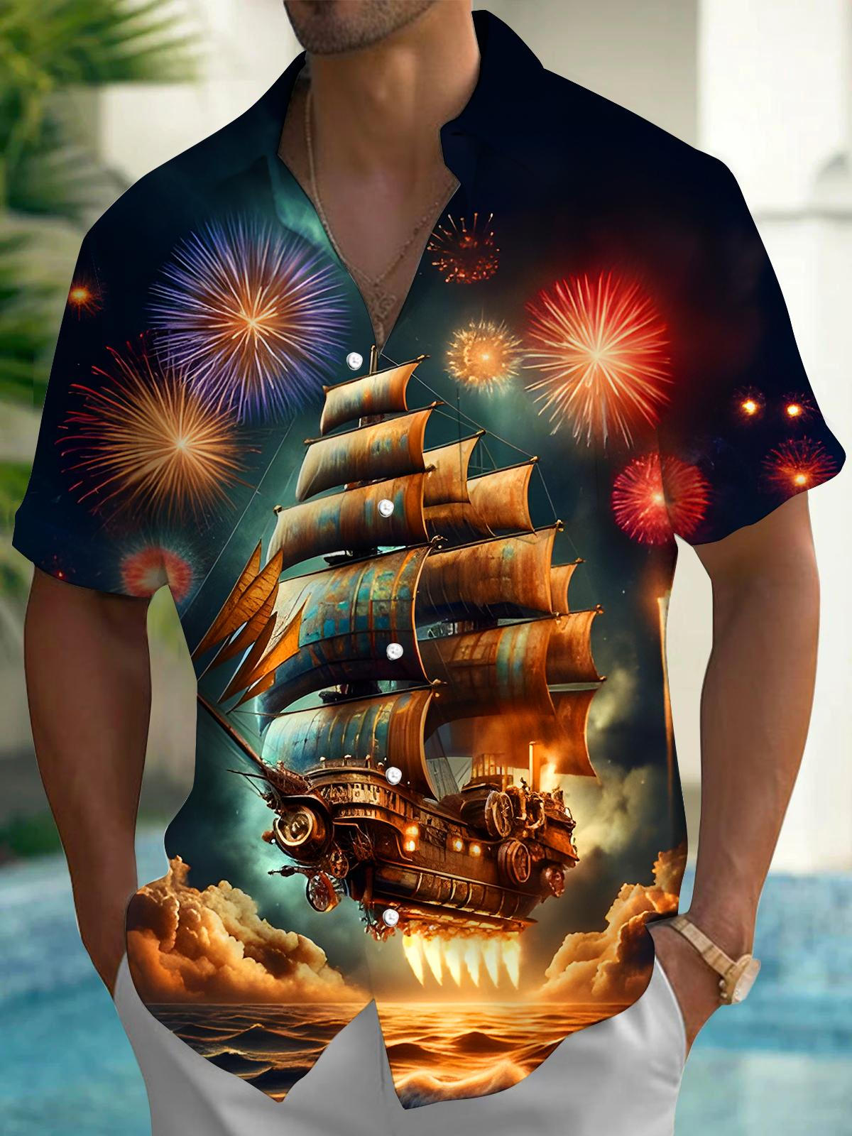 Fireworks Turbine Boat Men's Pocket Short Sleeve Shirts