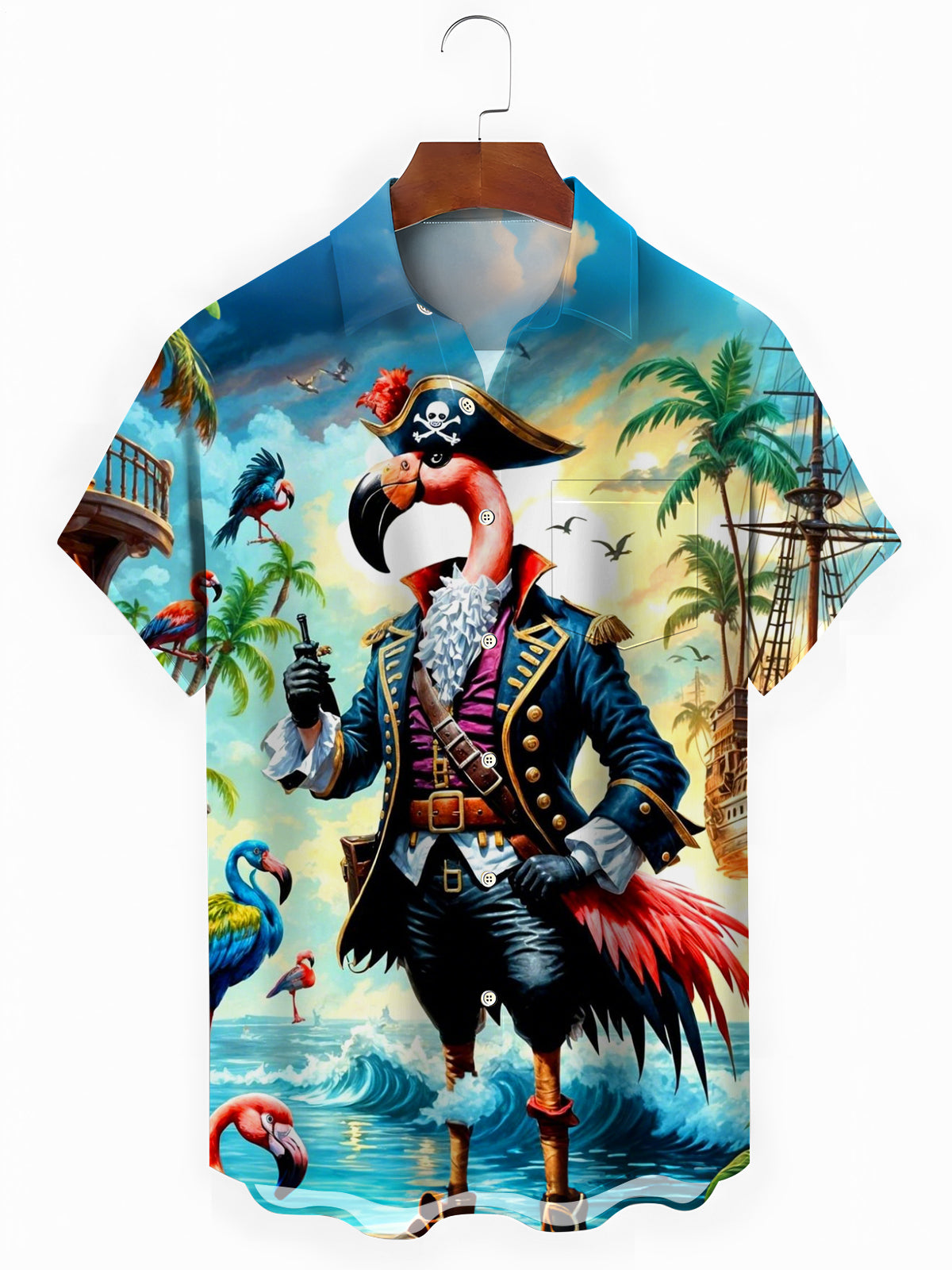 Flamingo Pirate Print Men's Pocket Short Sleeve Shirts