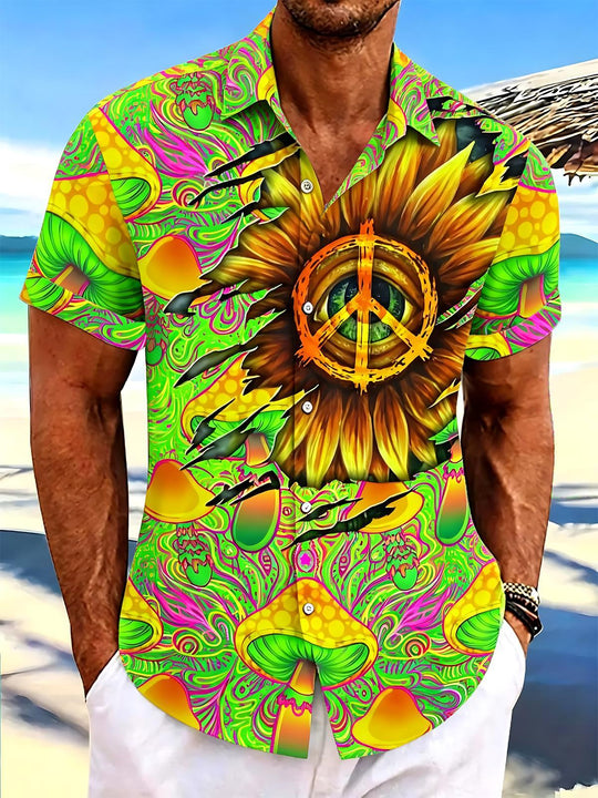 Sunflower Peace Symbol Mushroom Print Men's Pocket Short Sleeve Shirts