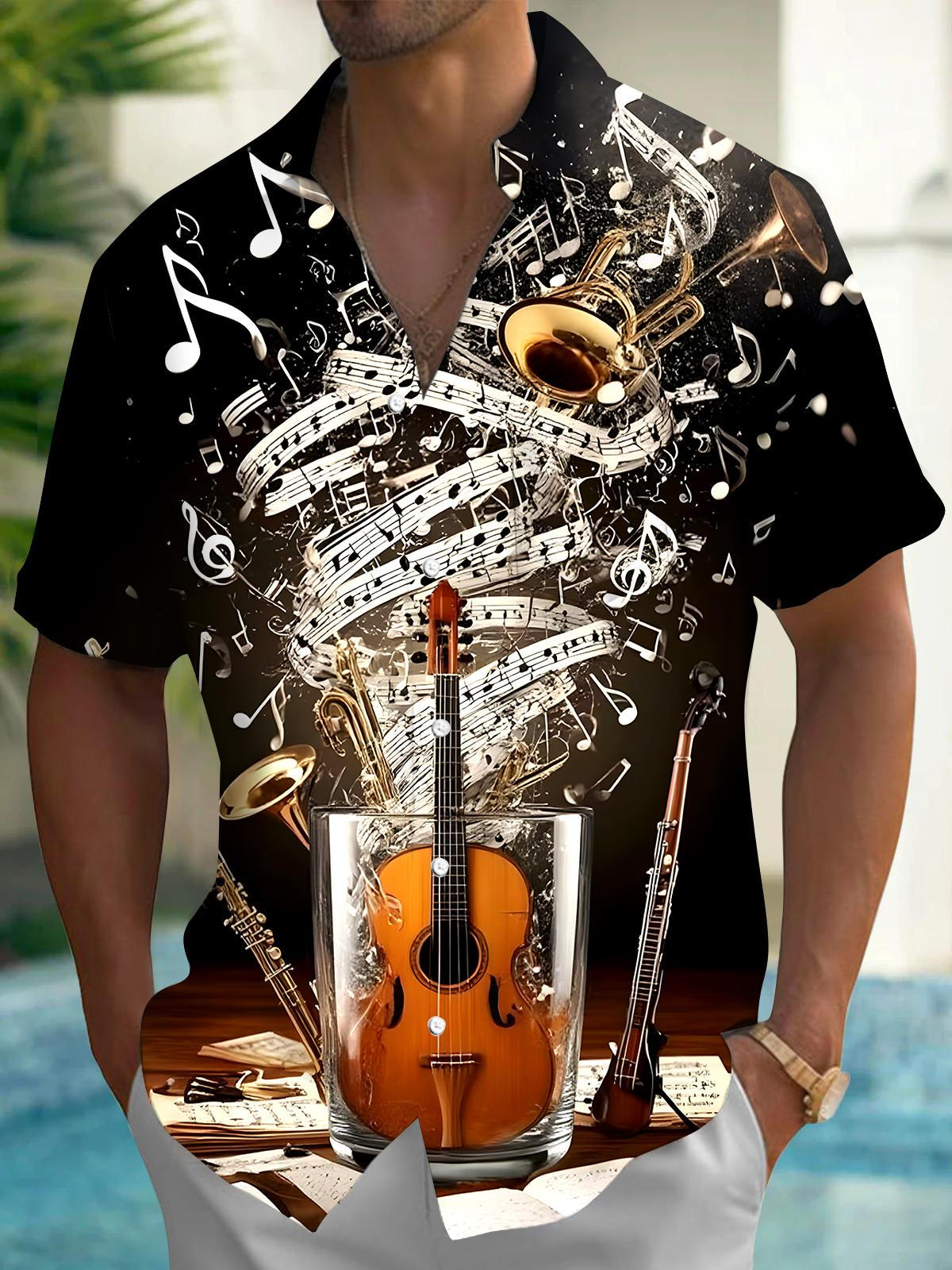 Violin Musical Note Men's Pocket Short Sleeve Shirts