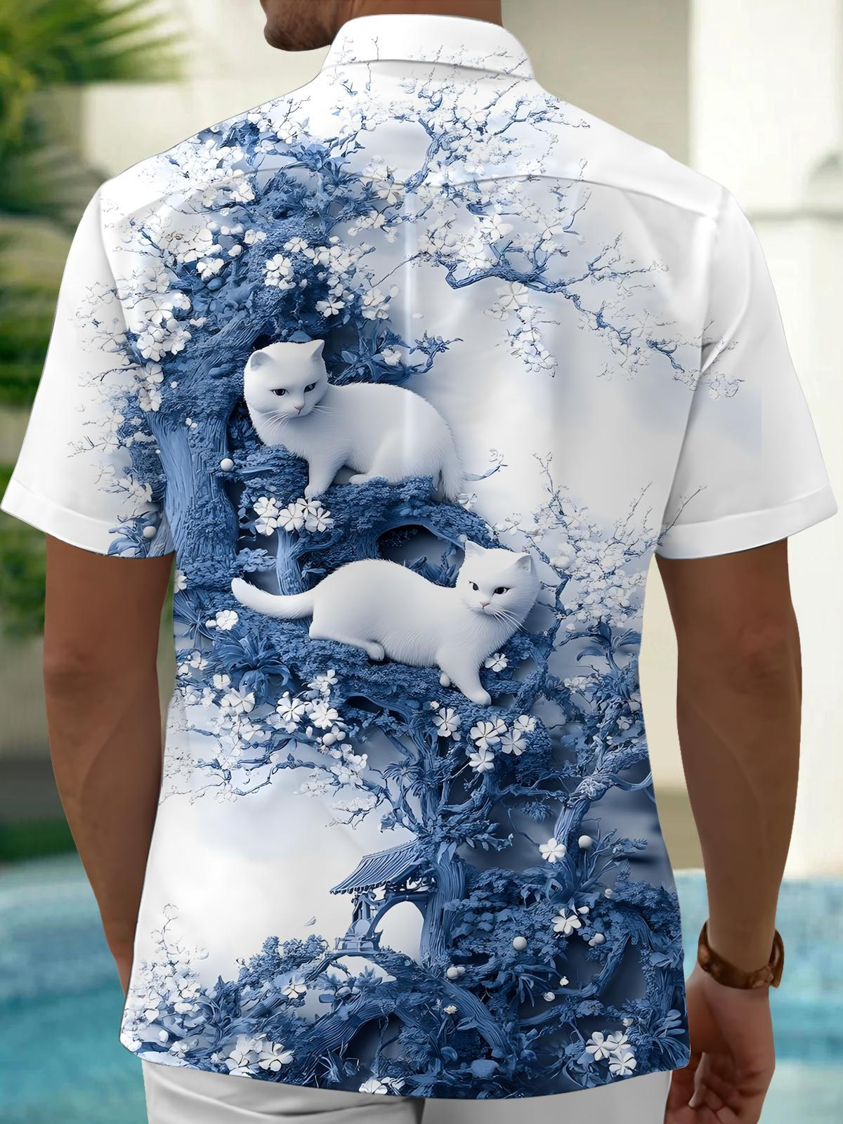 Cat Floral Prints Men's Pocket Short Sleeve Shirts
