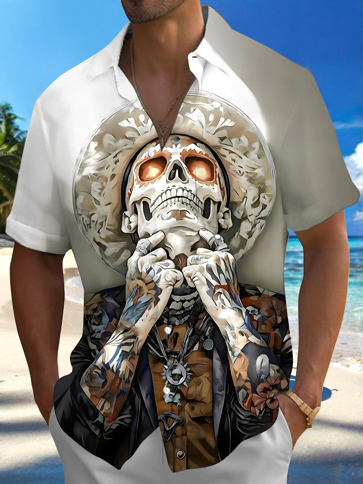 Day Of The Dead Skull Men's Pocket Short Sleeve Shirts