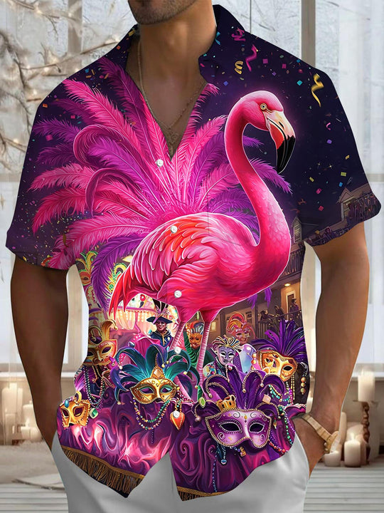 Men's Mardi Gras carnival flamingo print short sleeve shirt front view
