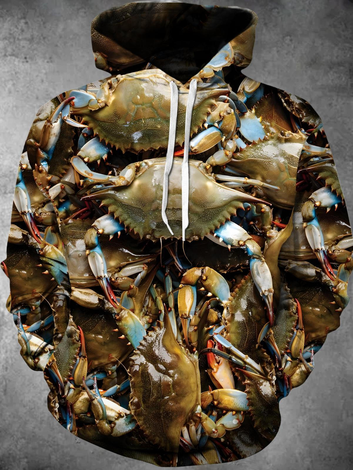 Seafood Crab Print Long Sleeve Hooded Pocket Men's Top