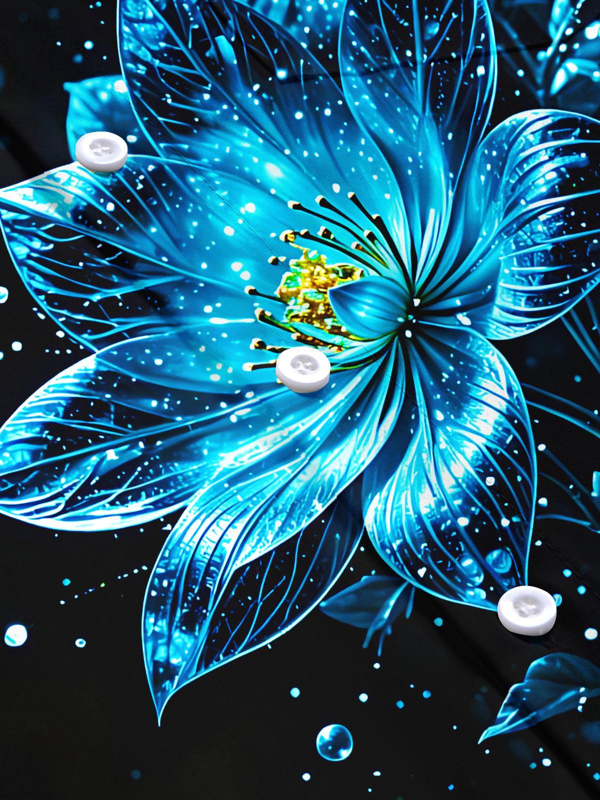 Luminous Blue Lotus Floral Men's Pocket Short Sleeve Shirts