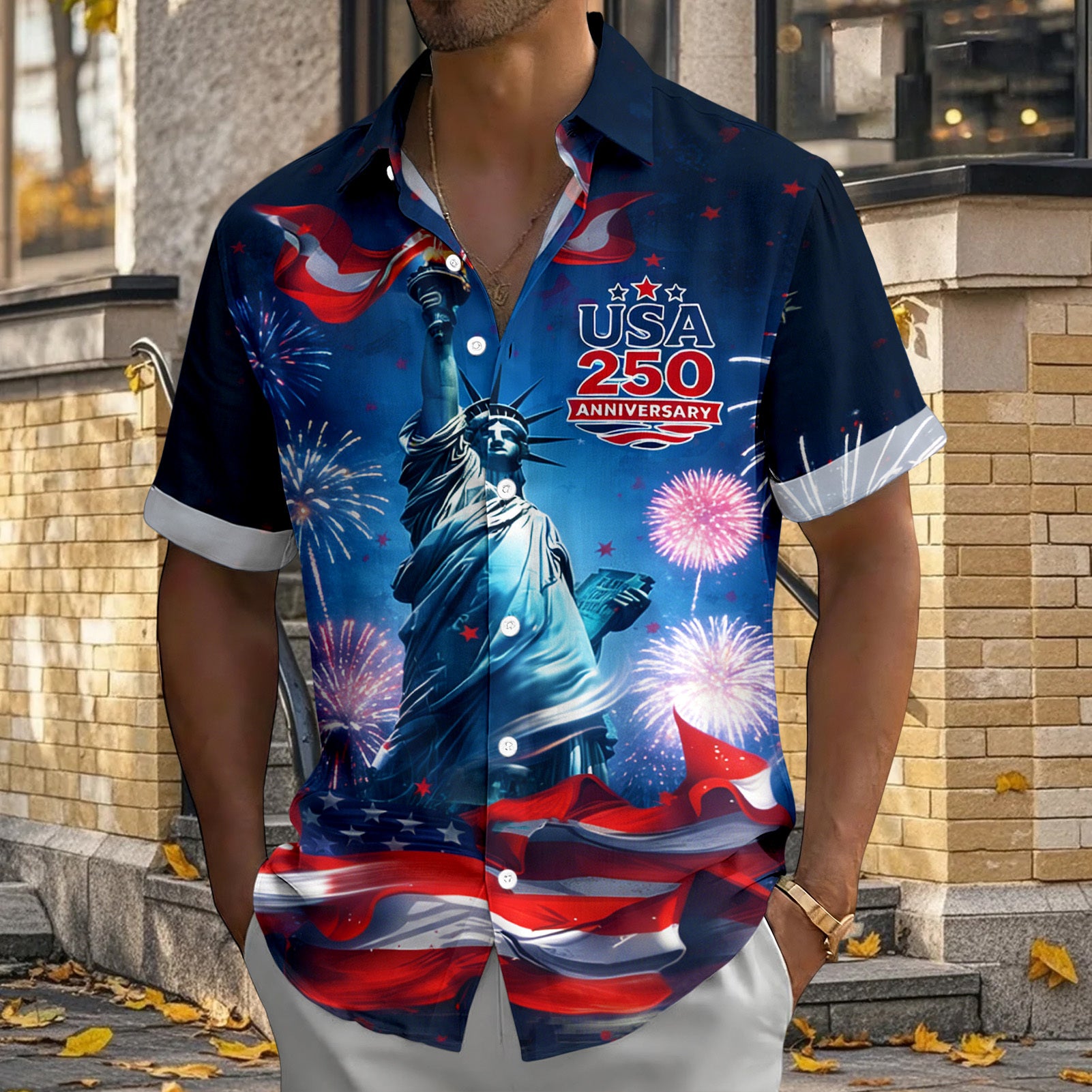 Men wearing red Hawaiian American flag short sleeve button up shirt in a festive backyard party for Independence Day