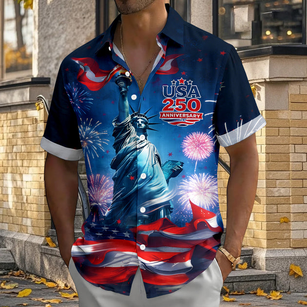 Men wearing red Hawaiian American flag short sleeve button up shirt in a festive backyard party for Independence Day