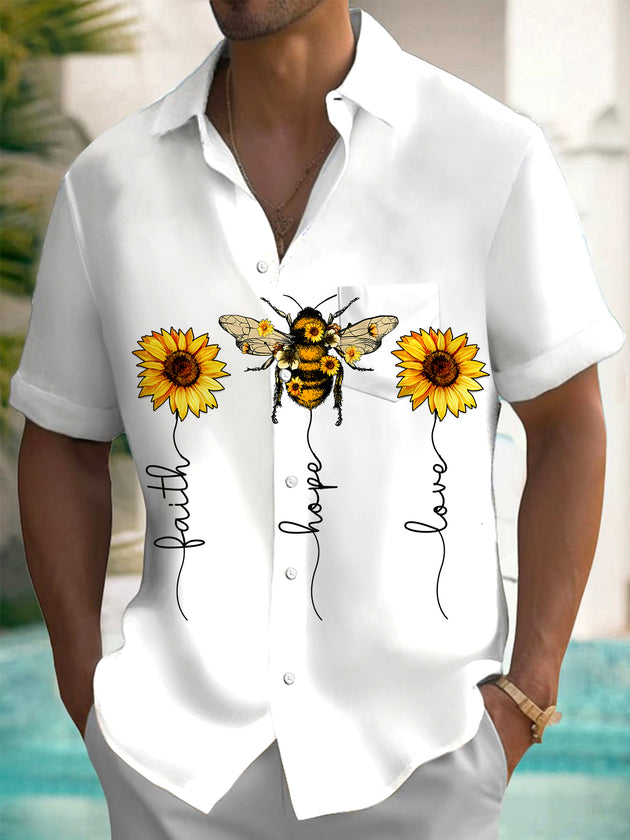 Men's bee sunflower pocket short sleeve shirt front view