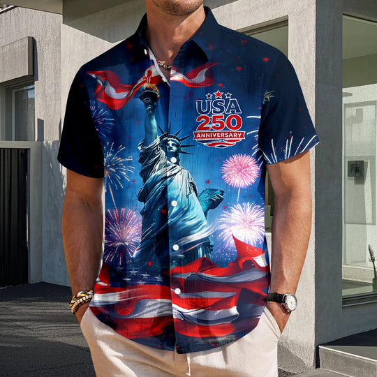 Men wearing red Hawaiian American flag short sleeve button up shirt at casual backyard barbecue on Independence Day