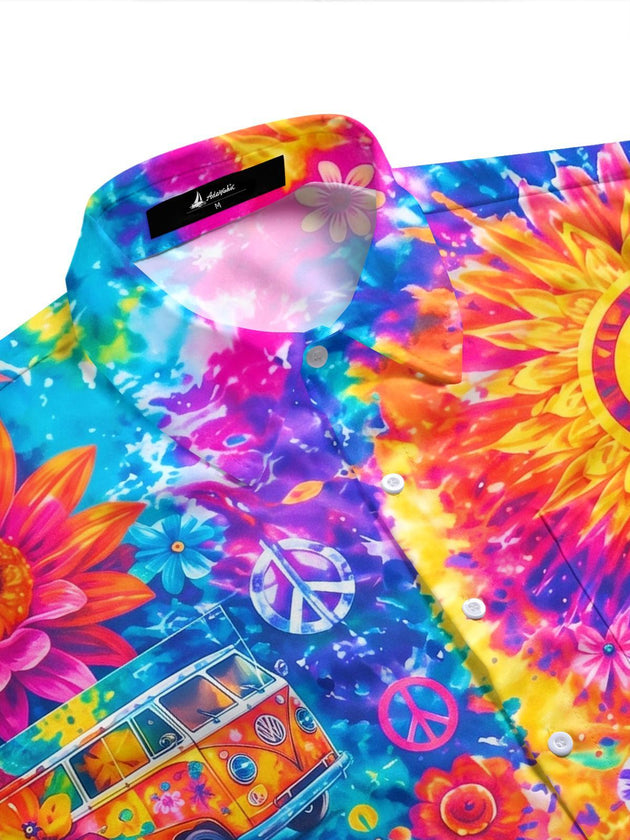 Hippie Peace Flower Colorful Tie-Dye Men's Pocket Short Sleeve Shirts