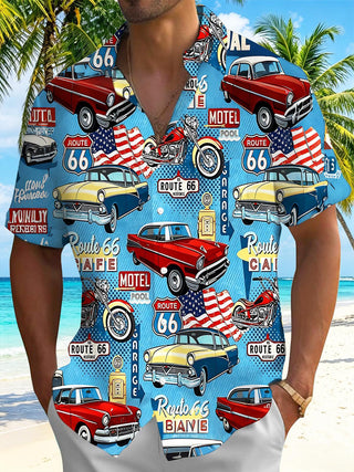 Route 66 Vintage Car American Flag Independence Day Men's Pocket Short Sleeve Shirts