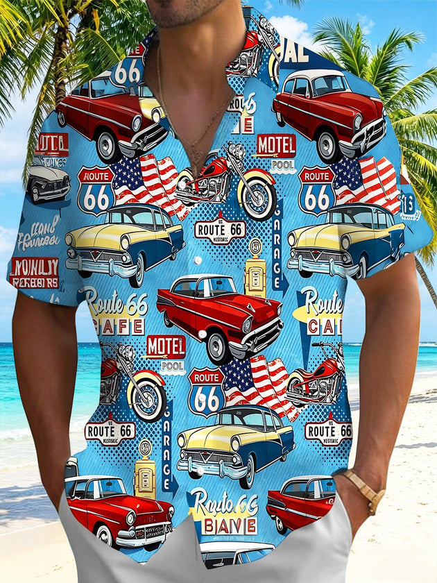 Route 66 Vintage Car American Flag Independence Day Men's Pocket Short Sleeve Shirts