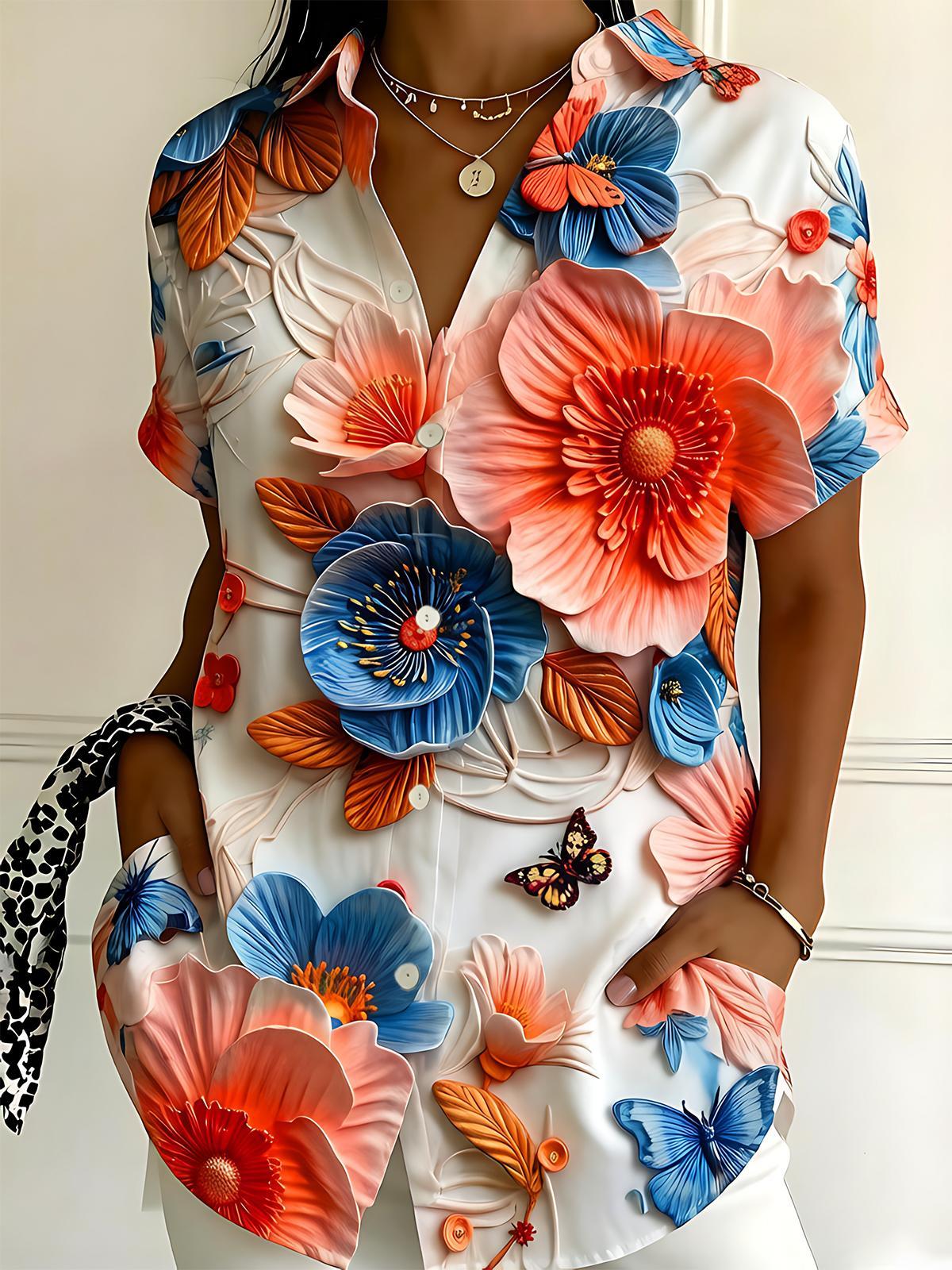 Art 3D Stereoscopic Floral Butterfly Women's Short Sleeve Shirts