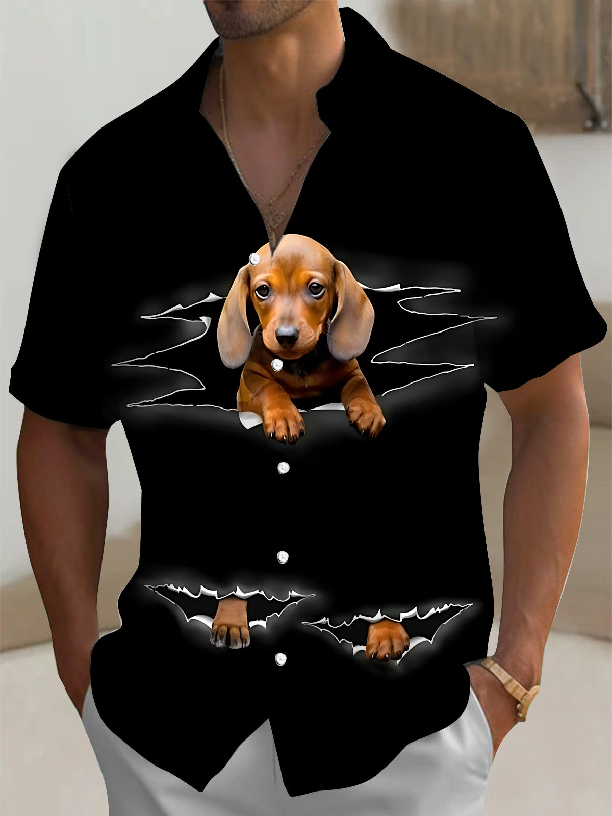 Dachshund Print Men's Pocket Short Sleeve Shirts