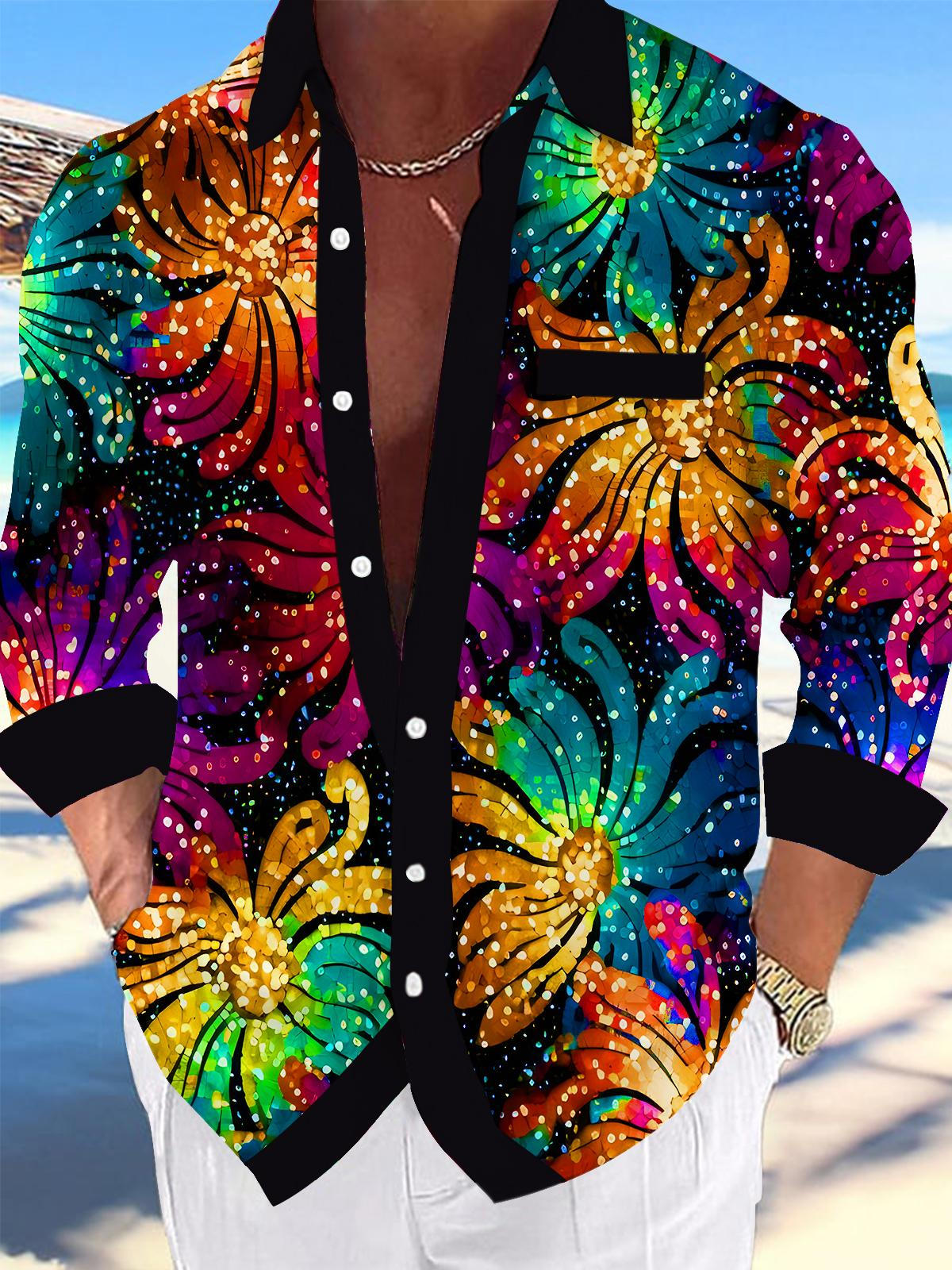 Sparkling Colorful Floral Men's Pocket Long Sleeve Shirts