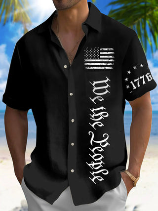 Men's American flag print short sleeve shirt front view for Independence Day