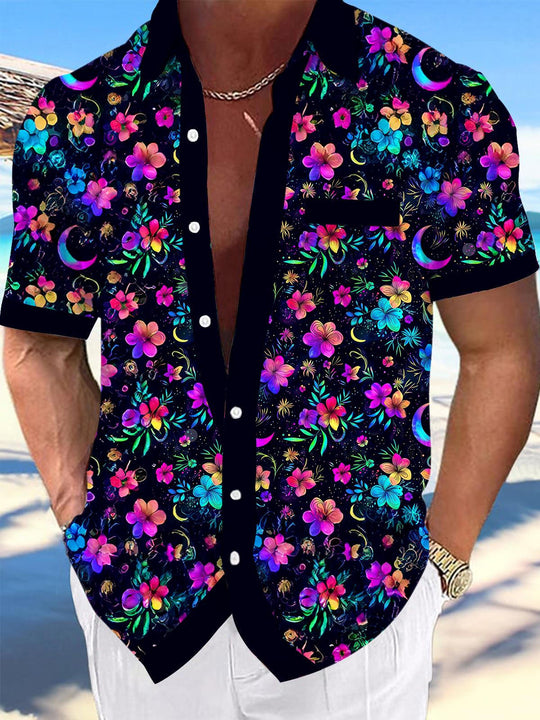 Men's floral Hawaiian short sleeve shirt front view for tropical beach vacation
