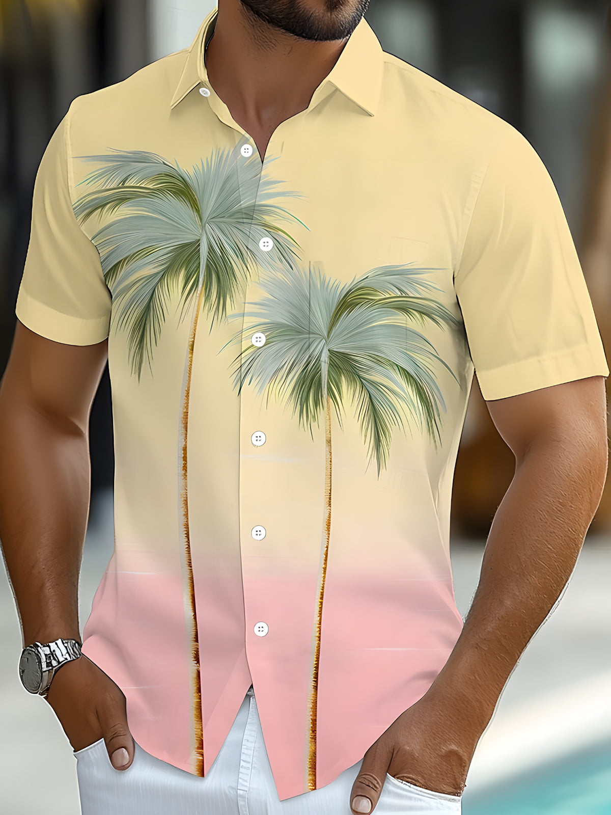 Hawaiian Gradient Coconut Tree Print Men's Pocket Short Sleeve Shirts