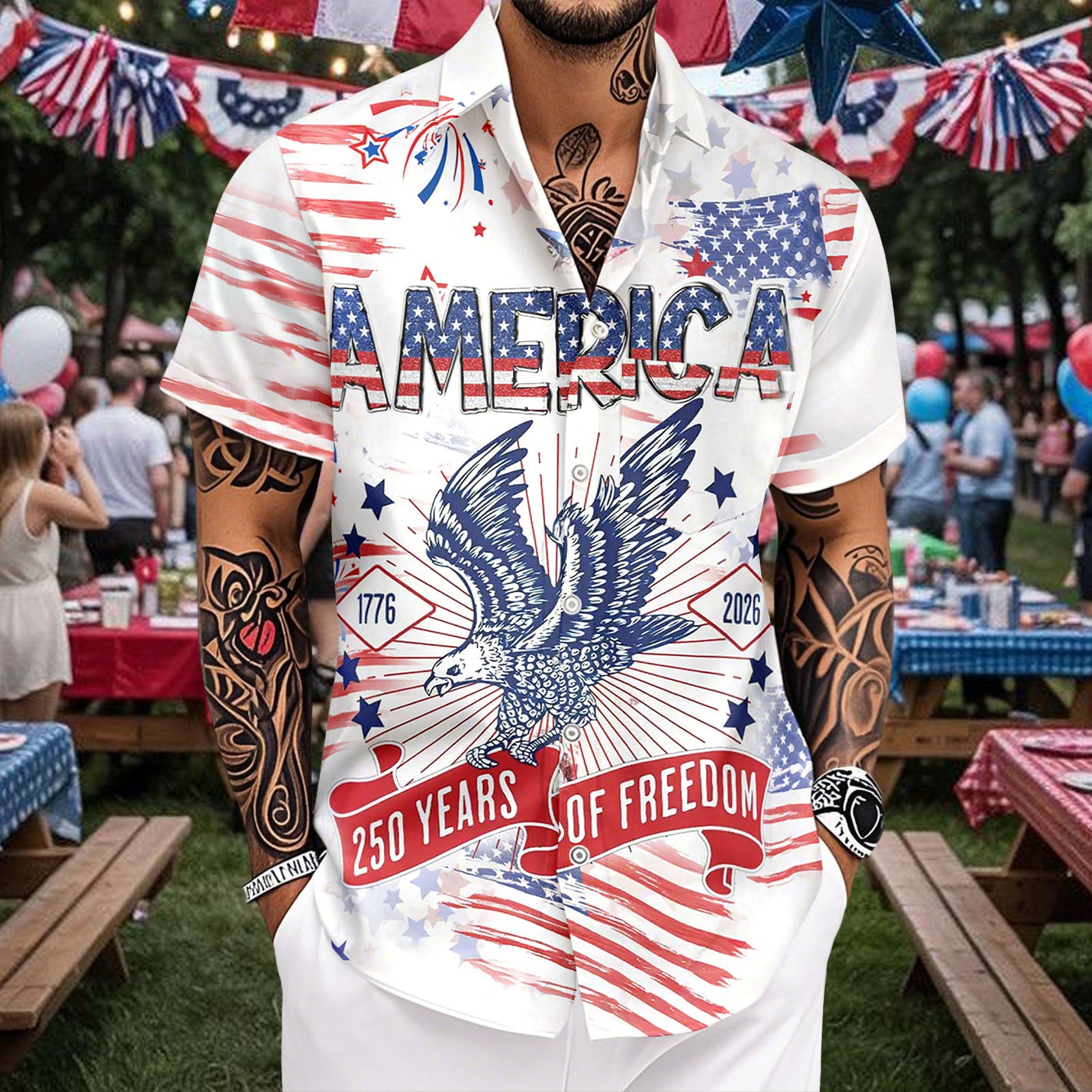 Patriotic Hawaiian Shirts for Men 250 Years Eagle Flag Patriotic Button Up Shirt Hawaiian Outfit for Parade sweetie