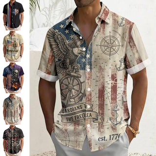 Men's short sleeve American flag Hawaiian shirt side view tropical resort wear for vacation.