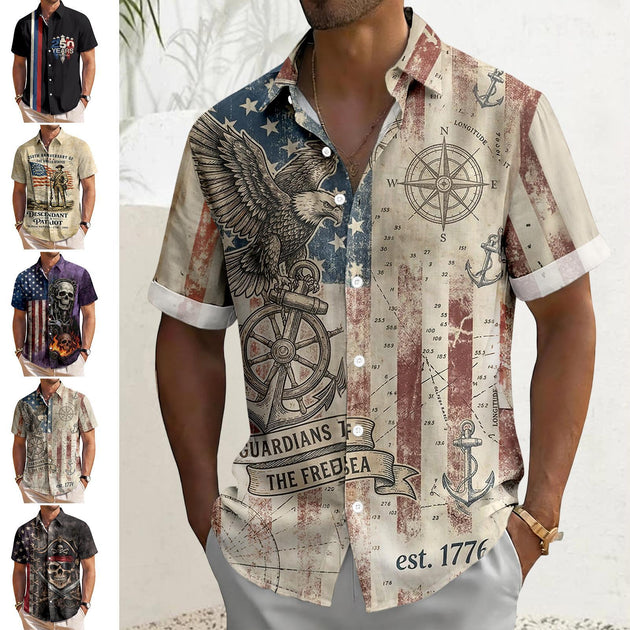 Men's short sleeve American flag Hawaiian shirt side view tropical resort wear for vacation.