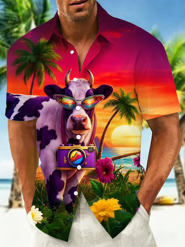 Fun Hawaiian Tropical Sunset Selfie Cow Men's Pocket Short Sleeve Shirts
